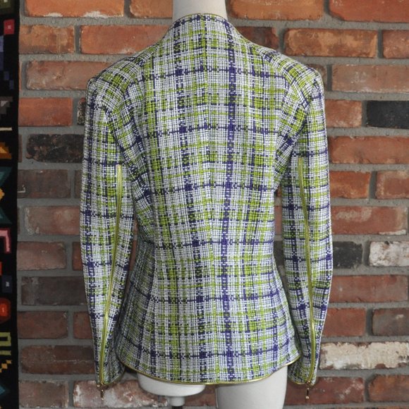 ESCADA WOVEN Tweed Silk Cotton Purple Lime Green Gold Zip-up Jacket Coat 38 - Picture 3 of 8